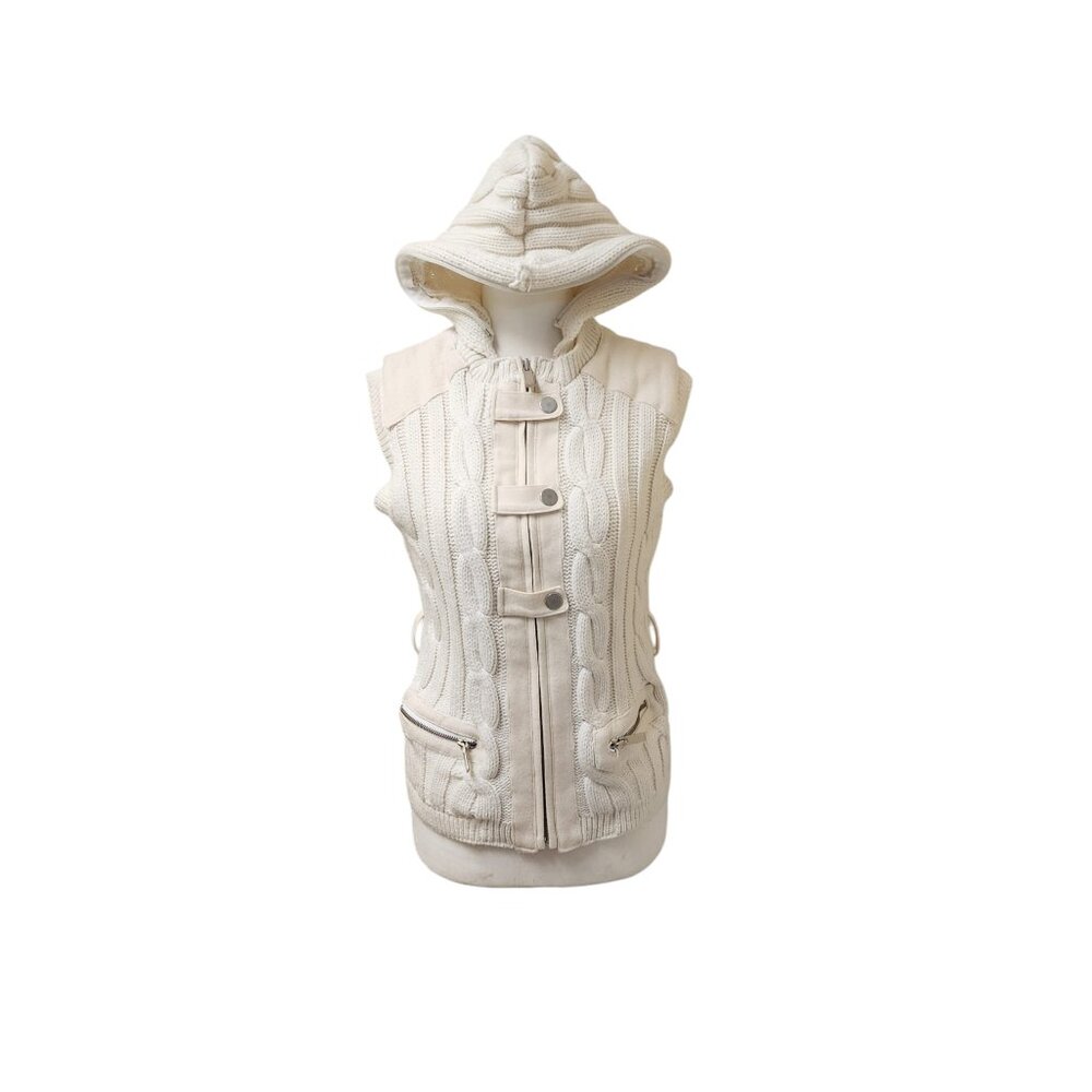 Arden B y2k Cable Knit Hooded Snap Vest Ivory White Pockets Medium Women's FLAWS